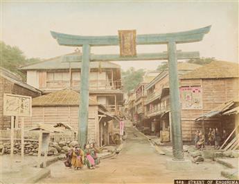 (JAPAN) A lovely Japanese album with 50 hand-colored photographs depicting geishas, lush landscapes, busy streets, and flowering garden